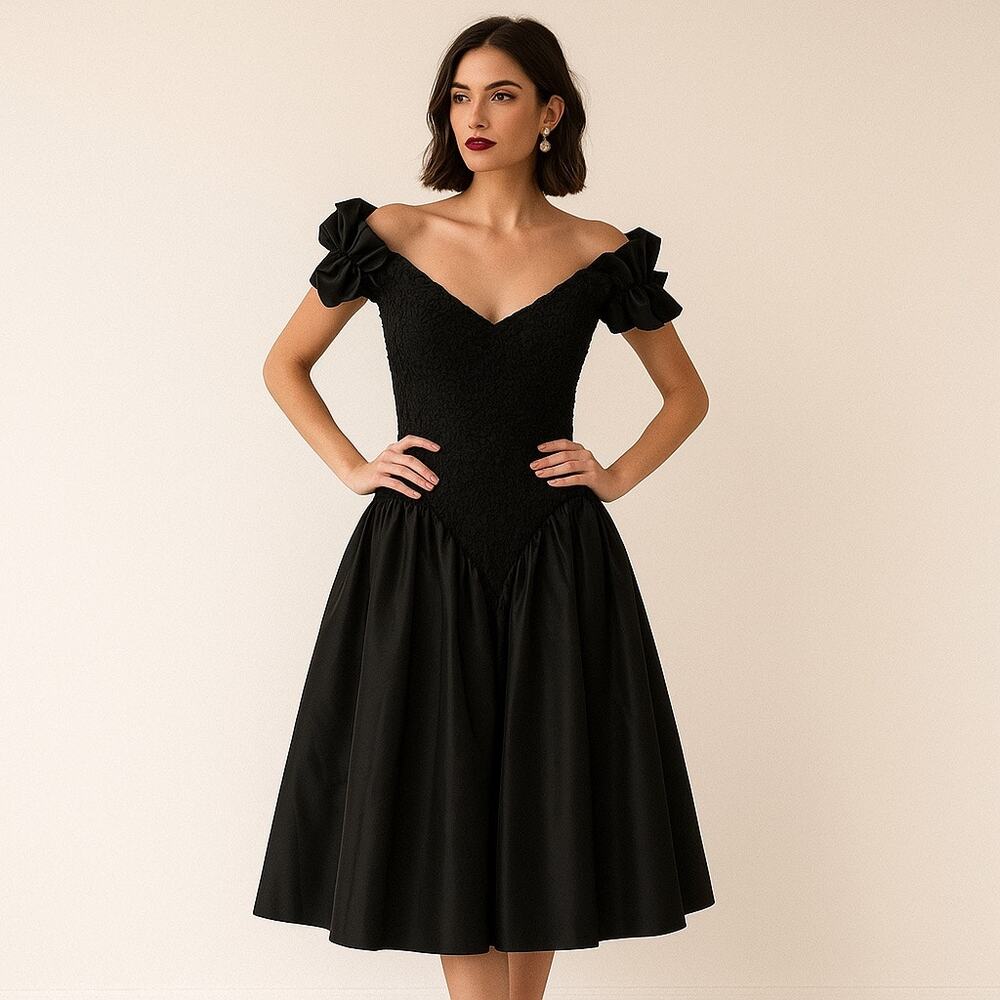 Vintage Betsy & Adam Size 6 Off Shoulder Party Dress Black Smocked Bodice Goth